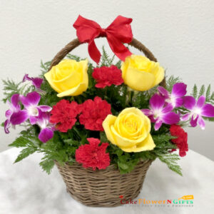 yellow roses red carnations purple orchid basket