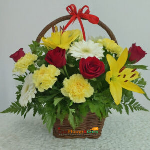 4 white gerbera 4 yellow Carnation 6 red roses yellow lily basket bouquet price