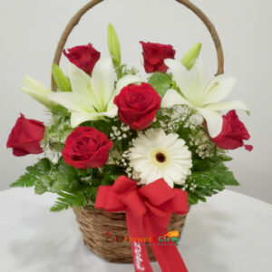 4 white gerbera 6 red roses 2 white lily basket bouquet price