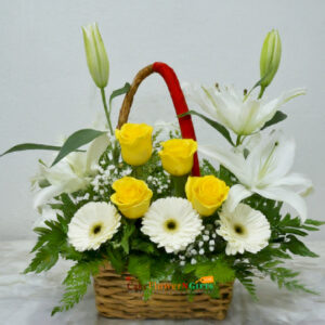 6 white gerbera 6 yellow Carnation 2 white lily basket bouquet price