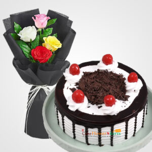 6 red roses bouquet and black forest cake