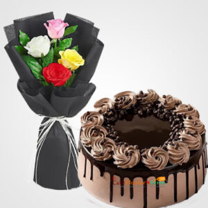 heart shaped chocolate cake 6 red roses bouquet