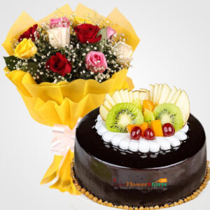 8 mix roses bouquet with Fruit Chocolate Cake