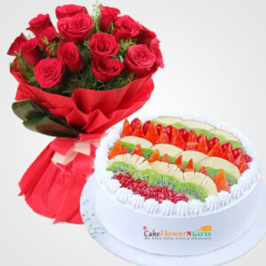 Blissful Fruit Cake with 12 red roses bouquet